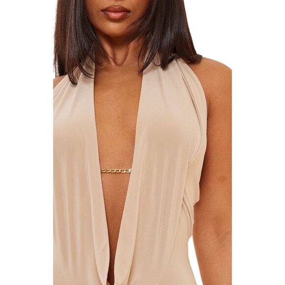 PrettyLittleThing Stone Slinky Cowl Chain Halter Bodycon Dress Size 8 Beige - Picture 6 of 11